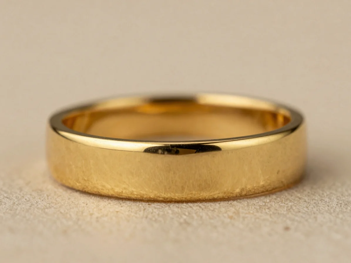 Editorial jewelry photography, macro detail of a solid gold article with a clean polished surface, soft directional stud
