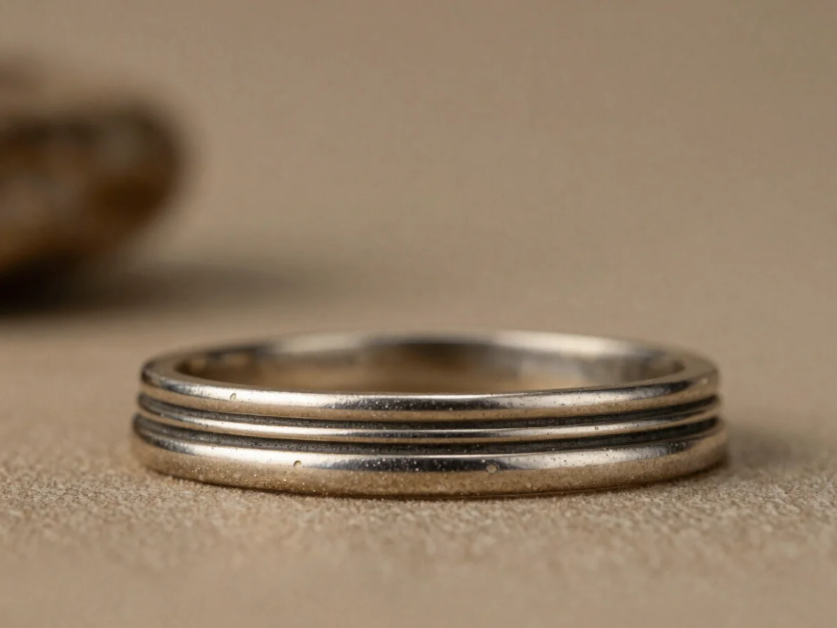 Editorial jewelry photography, close view of a precious-metal-clad base showing the layered finish edge, soft directiona
