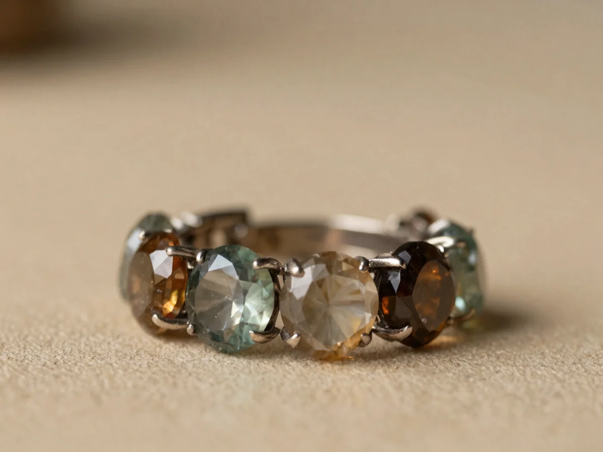 Editorial jewelry photography, macro of several faceted semi-precious stones set in a metal mount, soft directional stud