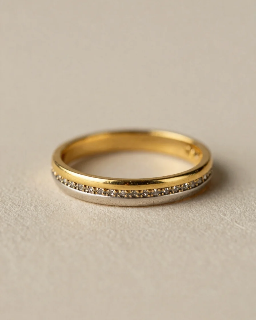 Editorial jewelry macro photograph, soft directional studio light, warm metallic tones, a gold and silver piece with a p