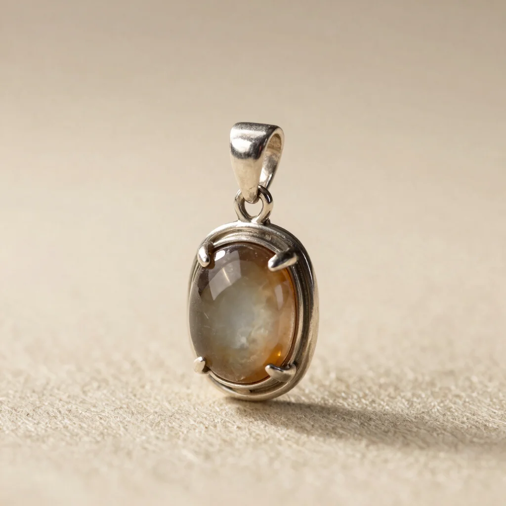 Editorial jewelry photography, macro view of a silver pendant with a precious-metal-clad base and a set semi-precious st