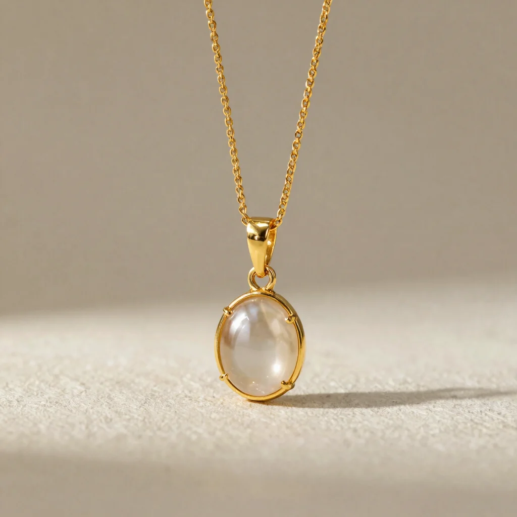 Editorial jewelry photography, clean product view of a gold and precious stone combination pendant on a warm neutral bac