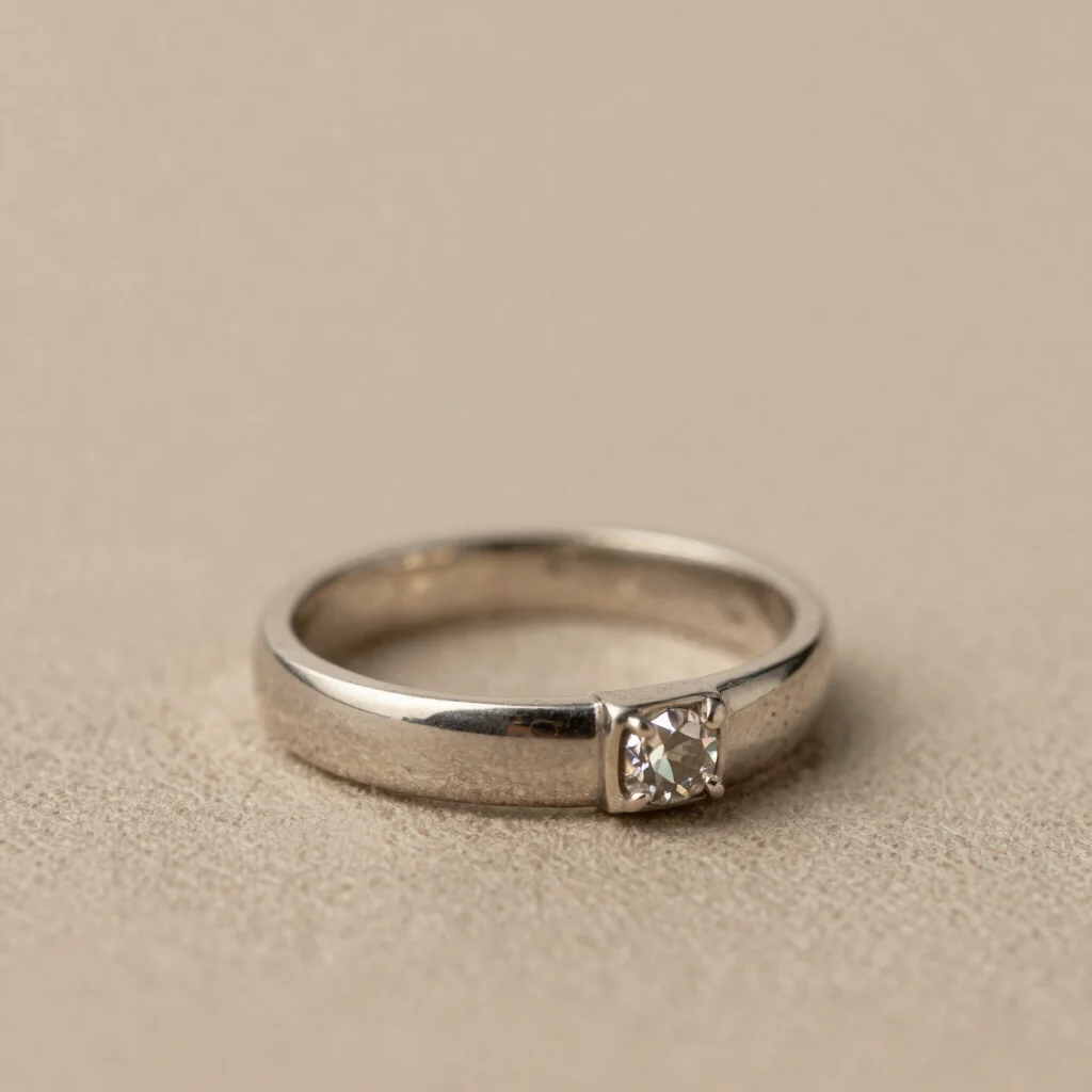 Editorial jewelry photography, close detail of a precious-metal-clad band with a faceted stone setting, soft directional