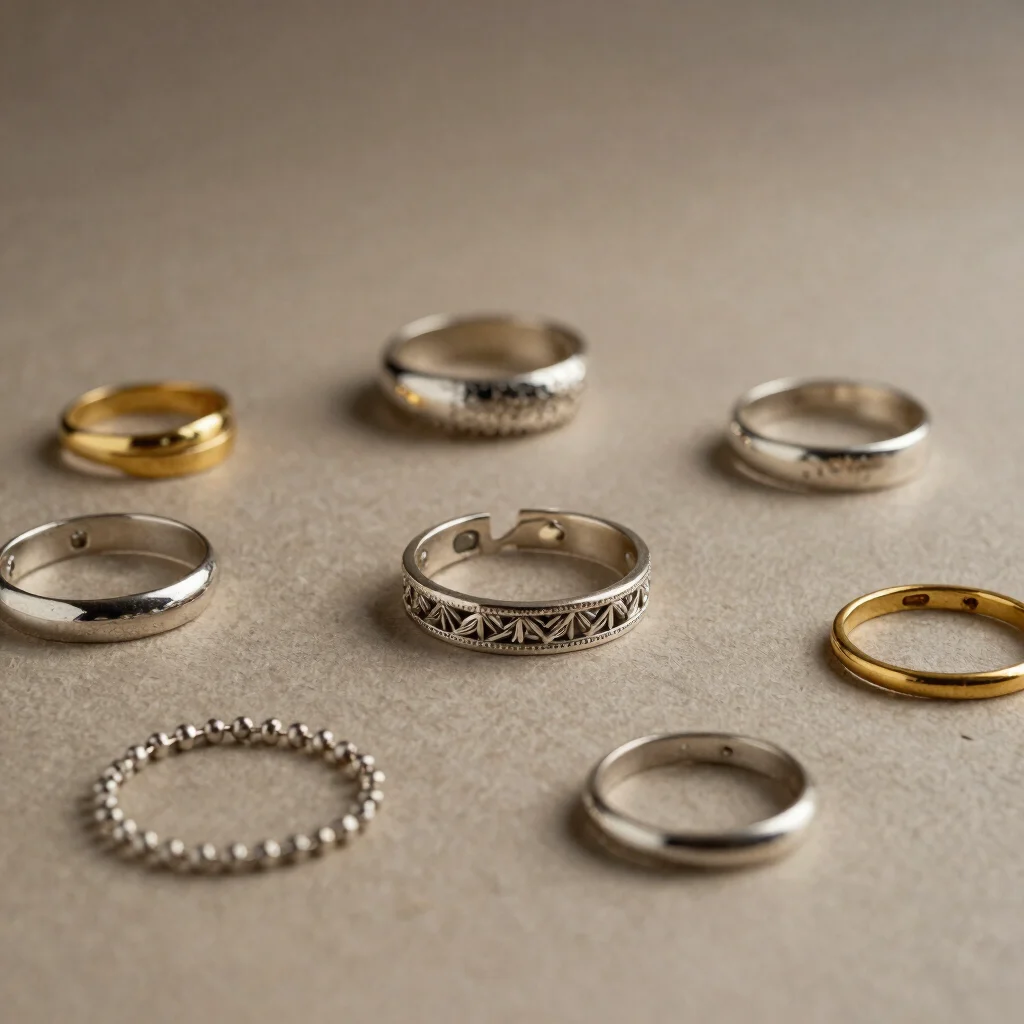 Editorial jewelry photography, wider grouping of silver and gold articles arranged by material on a warm neutral surface
