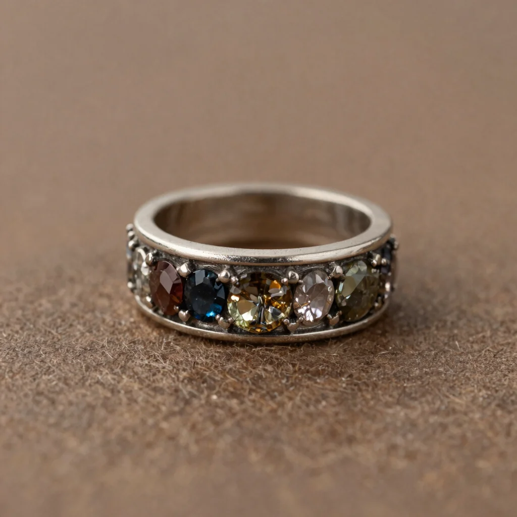 Editorial jewelry photography, macro of a base-metal article with a precious-metal finish and mixed stone inlay, soft di