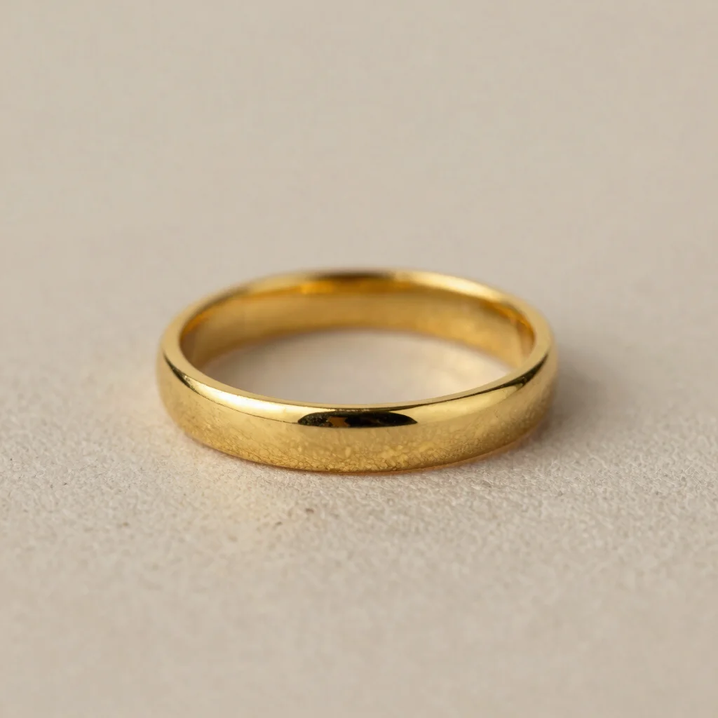 Editorial jewelry photography, macro detail of a solid gold ring with a polished finish, soft directional studio light o